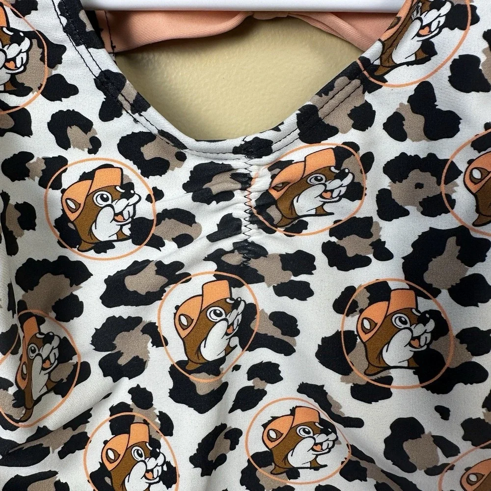 Buc-ee's 2T Baby Girl Leopard Print Beaver Logo Swimsuit‎ Ruffles & Bow